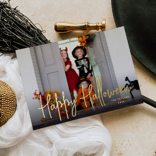 Sketched Script Halloween Photo Foil Holiday Card