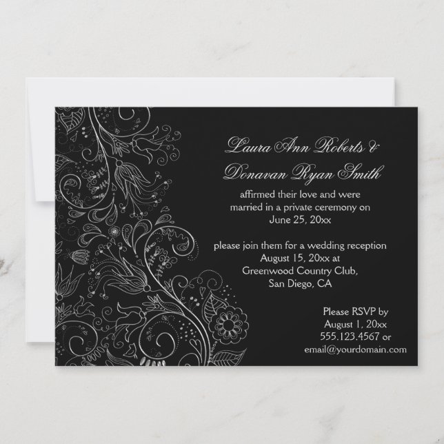 Sketched Silver Swirls Flowers on Black Wedding Invitation (Front)