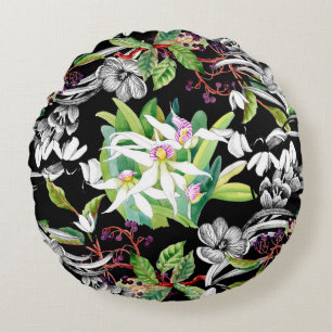 Sketched snowdrops and blooming orchids flowers se round cushion
