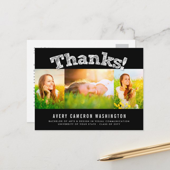 Sketched Thanks Multi 3 Photo Graduation Thank You Postcard (Front/Back In Situ)