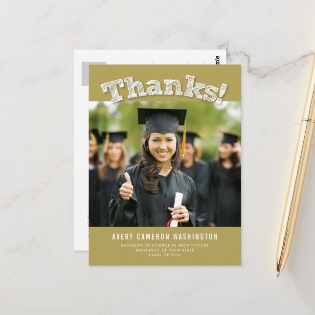 Sketched Thanks Photo Modern Graduation Thank You Postcard (Front/Back In Situ)
