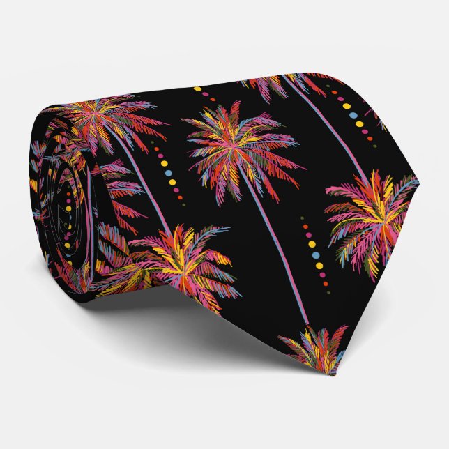 Sketched Tropical Neon Palm Trees & Dots on Black Tie (Rolled)