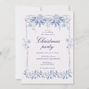 Sketched Vintage Blue Golden Christmas Party Invitation