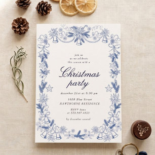 Sketched Vintage Blue Golden Christmas Party Invitation