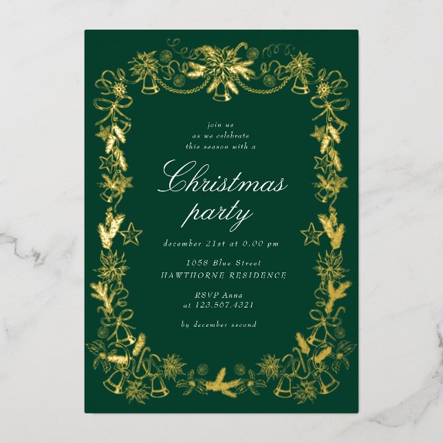 Sketched Vintage Red Christmas Party Foil Holiday Card (Front)