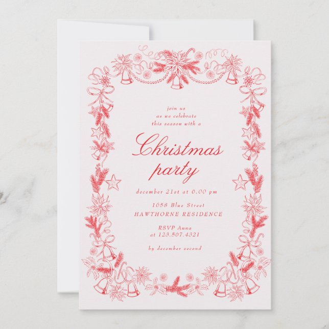 Sketched Vintage Red Christmas Party Invitation (Front)