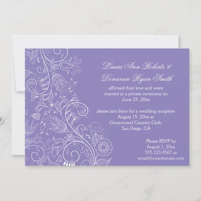 Sketched White Swirls Flowers Lavender Wedding Invitation (Front)