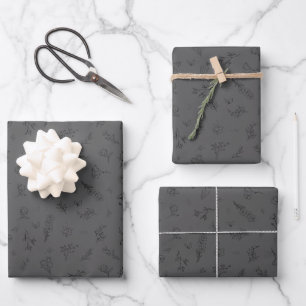Sketched Wildflowers on Dark Grey Wrapping Paper Sheet
