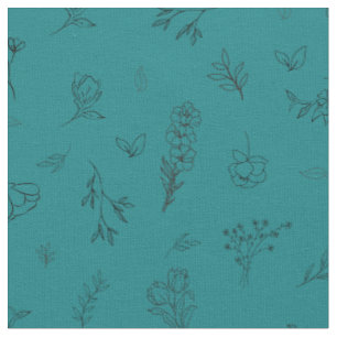 Sketched Wildflowers on Dark Teal Fabric