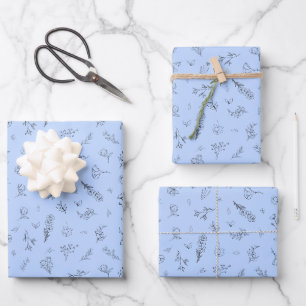 Sketched Wildflowers on Light Blue Wrapping Paper Sheet