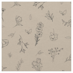 Sketched Wildflowers on Light Brown Fabric