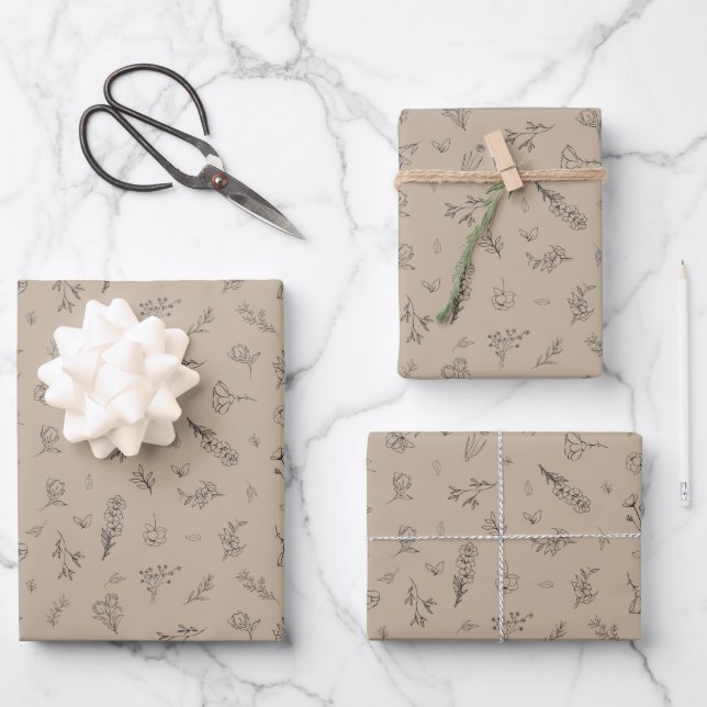 Sketched Wildflowers on Light Brown Wrapping Paper Sheet (Front)