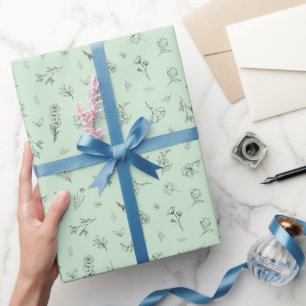 Sketched Wildflowers on Light Green Wrapping Paper