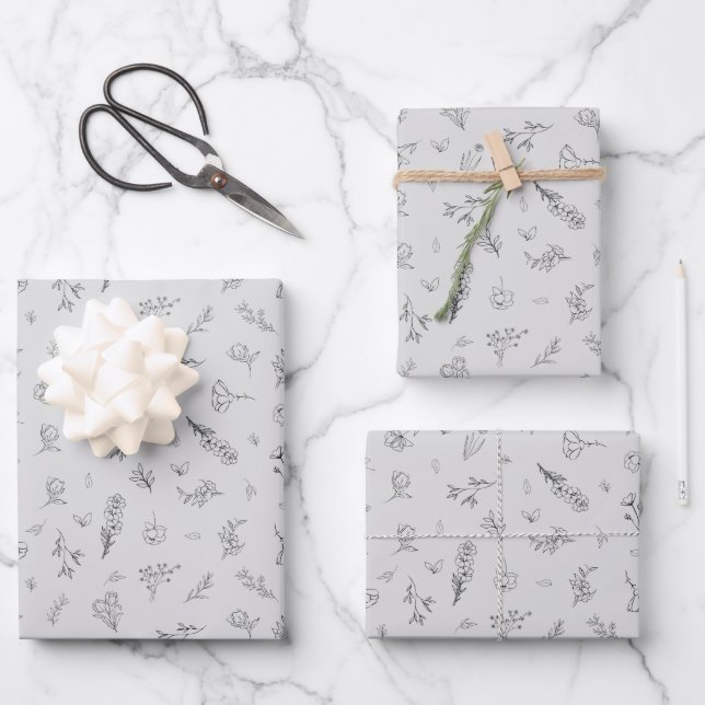 Sketched Wildflowers on Light Grey Wrapping Paper Sheet (Front)