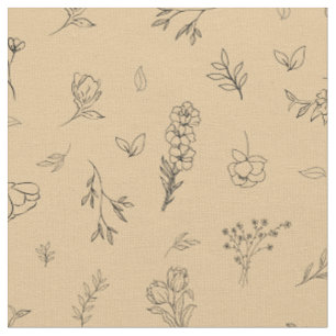 Sketched Wildflowers on Light Orange Fabric
