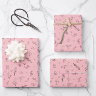 Sketched Wildflowers on Light Pink Wrapping Paper Sheet