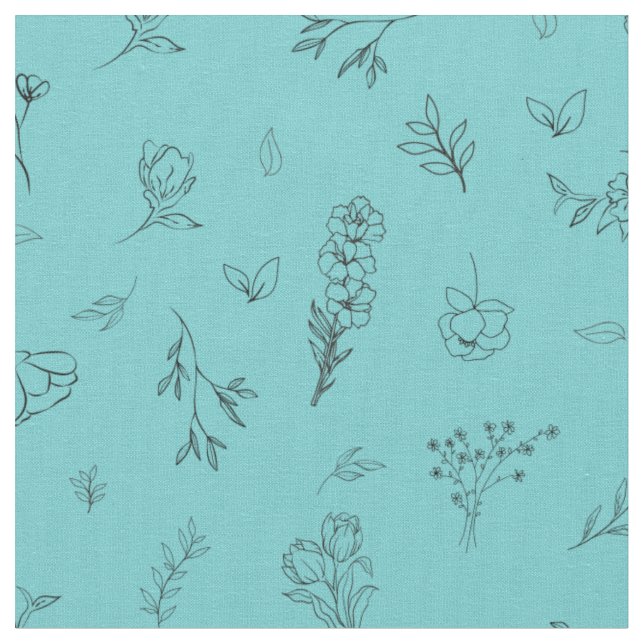 Sketched Wildflowers on Light Teal Fabric (Close Up)