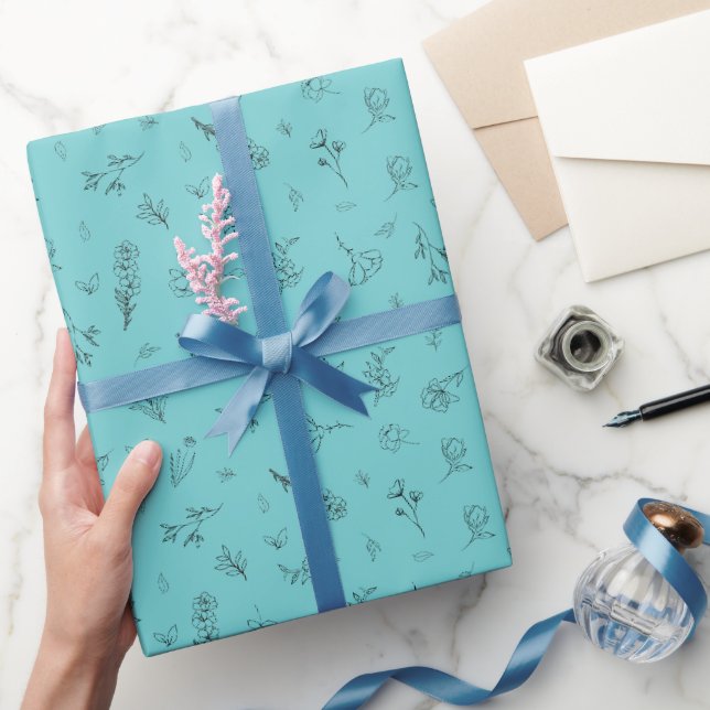 Sketched Wildflowers on Light Teal Wrapping Paper (Gifting)