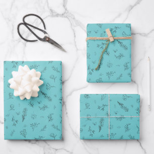 Sketched Wildflowers on Light Teal Wrapping Paper Sheet