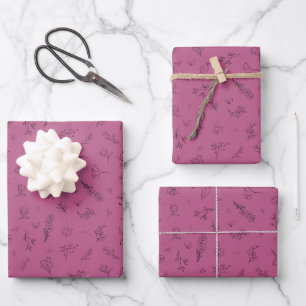 Sketched Wildflowers on Pink Wrapping Paper Sheet