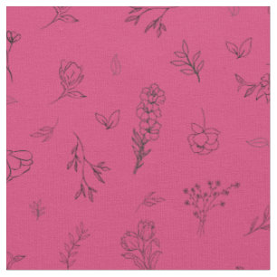 Sketched Wildflowers on Rose Pink Fabric