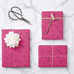 Sketched Wildflowers on Rose Pink Wrapping Paper Sheet