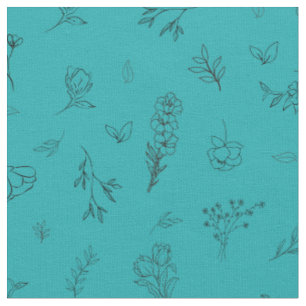 Sketched Wildflowers on Teal Fabric