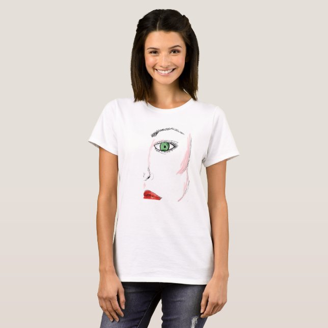 SKETCHED WOMAN GREEN EYES RED LIPS SHIRT (Front Full)