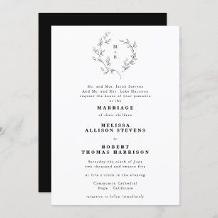 Sketched Wreath Formal Black & White Wedding Invitation