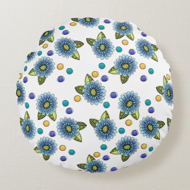 Sketchy Blue Flowers Round Cushion (Front)