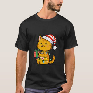 Sketchy Christmas Cat with Santa Hat and Lights T-Shirt