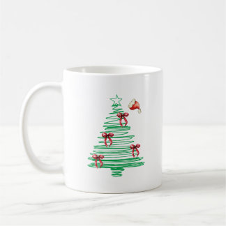 sketchy christmas tree with red bow and santa hat coffee mug