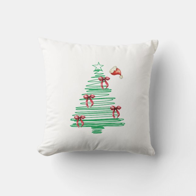 sketchy christmas tree with red bow and santa hat cushion (Front)