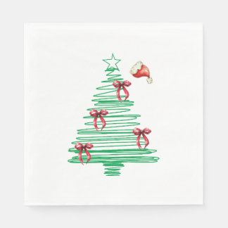 sketchy christmas tree with red bow and santa hat napkin