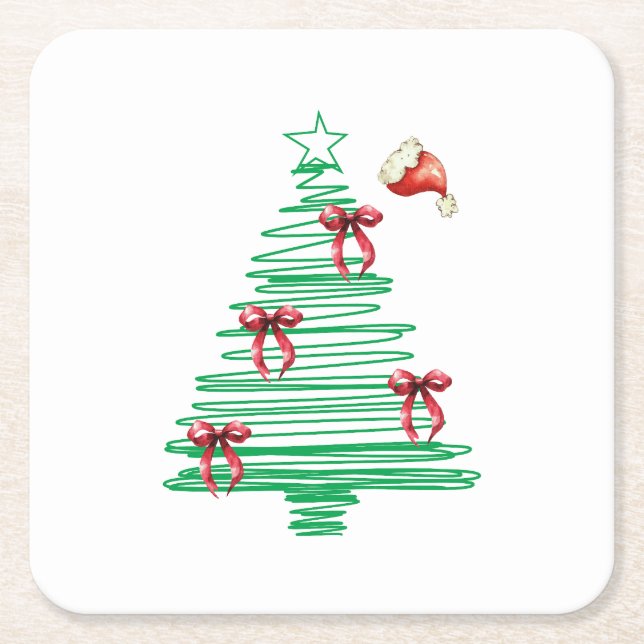 sketchy christmas tree with red bow and santa hat square paper coaster (Front)
