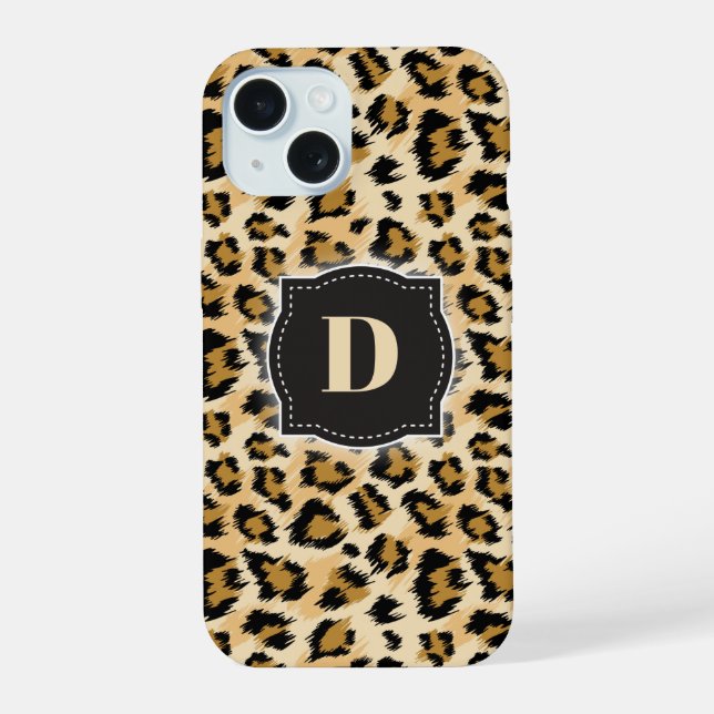 Sketchy Classic Leopard Pattern w/ Custom Monogram iPhone 15 Case (Back)