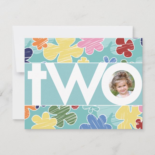Sketchy Flowers Teal Second Birthday Party Invitation (Front)