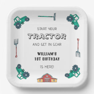 Sketchy Green Tractor Farm Boy Birthday Paper Plate