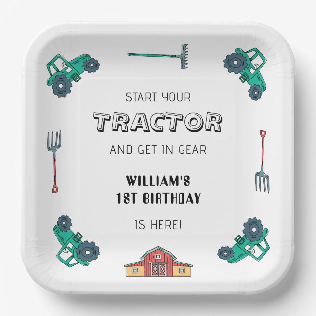 Sketchy Green Tractor Farm Boy Birthday Paper Plate (Front)