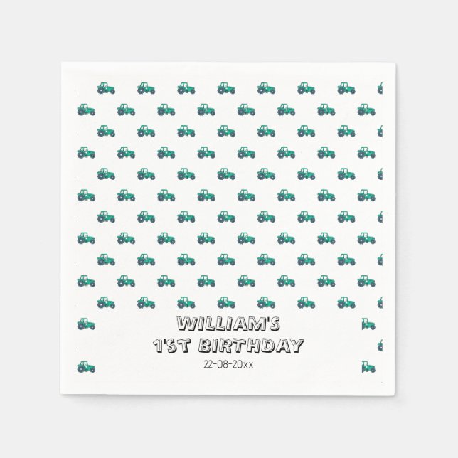 Sketchy Green Tractor Farm Windmill Boy Birthday Napkin (Front)