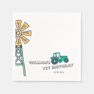 Sketchy Green Tractor Farm Windmill Boy Birthday Napkin