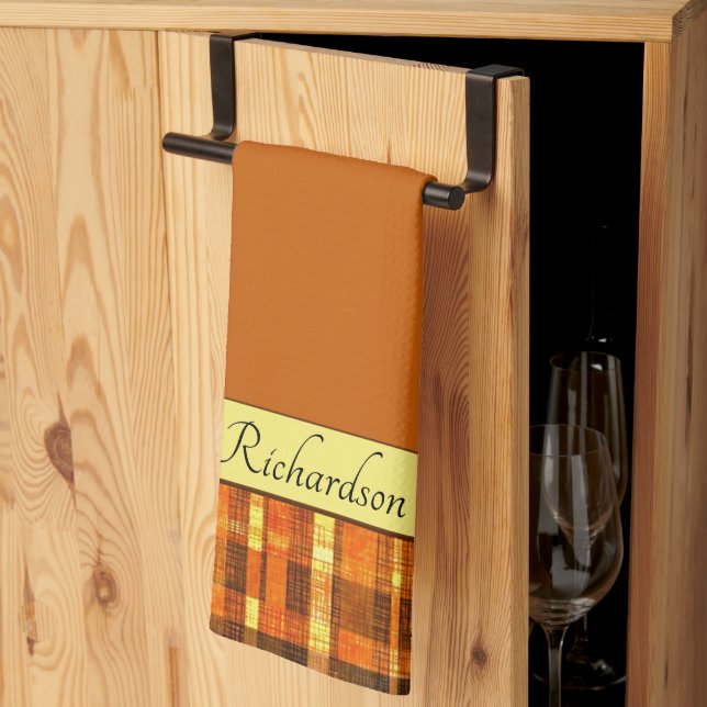 Sketchy orange plaid personalised tea towel (Thirds Fold)