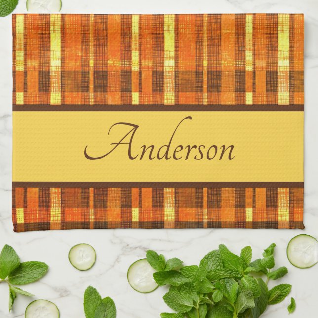 Sketchy orange plaid personalised tea towel (Folded)