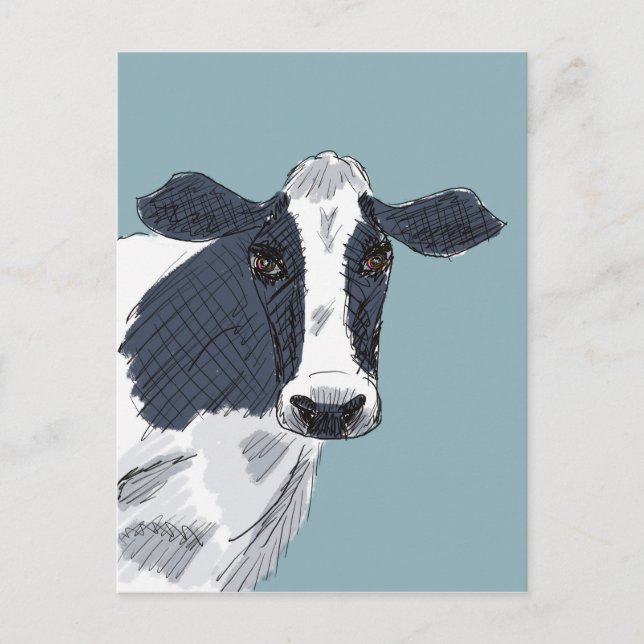 Sketchy Painted Cow in Blue Tones Postcard (Front)