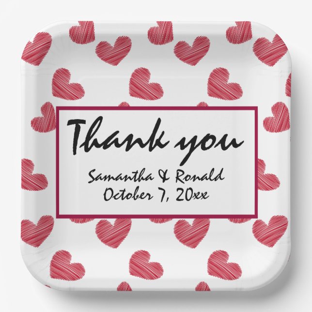 Sketchy Red Heart Wedding Paper Plate (Front)