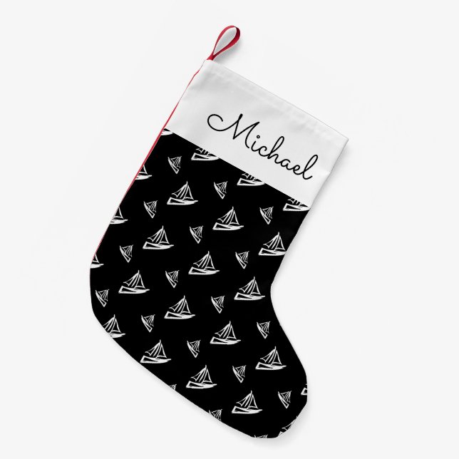Sketchy Sailboat Pattern | Add Your Name Small Christmas Stocking (Front (Hanging))