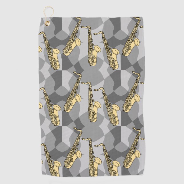 Sketchy Saxophone Grey Pattern Golf Towel (Front)