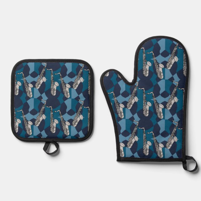 Sketchy Saxophone Grey Pattern Oven Mitt & Pot Holder Set (Front)