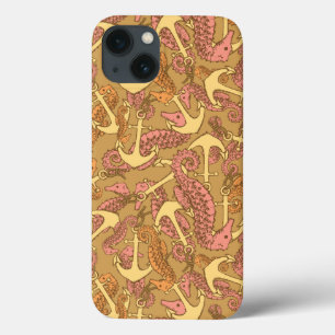 Sketchy Seahorse And Anchor Pattern iPhone 13 Case