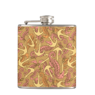 Sketchy Seahorse And Anchor Pattern Hip Flask
